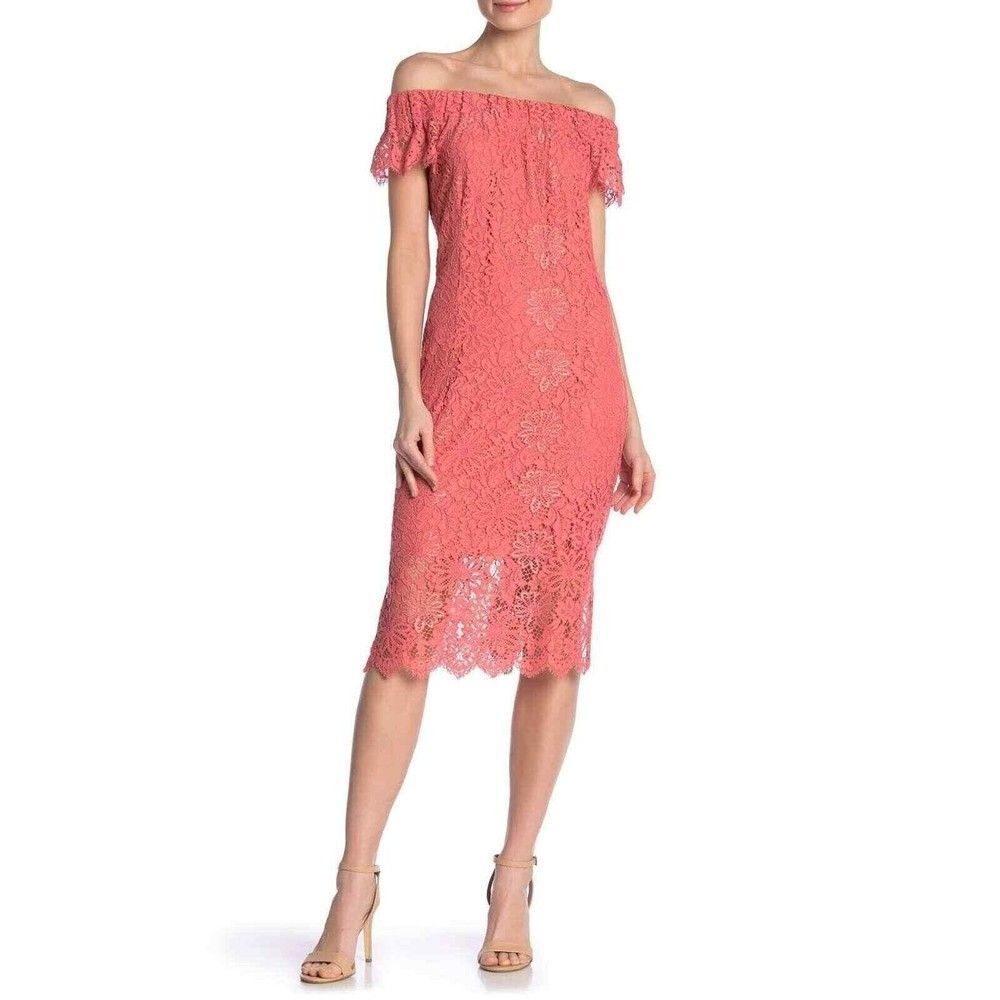 Nanette Lepore Size 2 Hampton Court Sheath Dress Coral Off Shoulder Scallop Lace